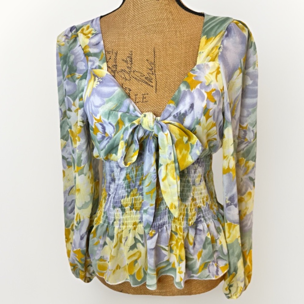 SHEIN Floral Smocked Tie-Front Blouse Feminine Full Sleeves Size Large